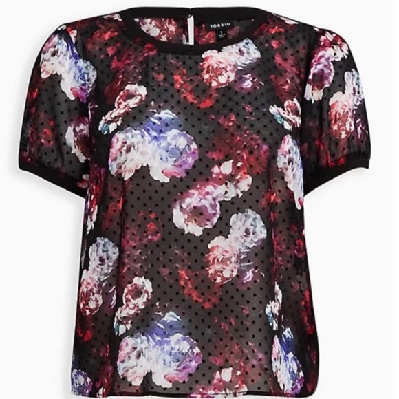 TORRID WOMEN'S BLACK FLORAL CRINKLE CLIP DOT CREW NECK T-SHIRT SIZE 3X NWT - Picture 4 of 8